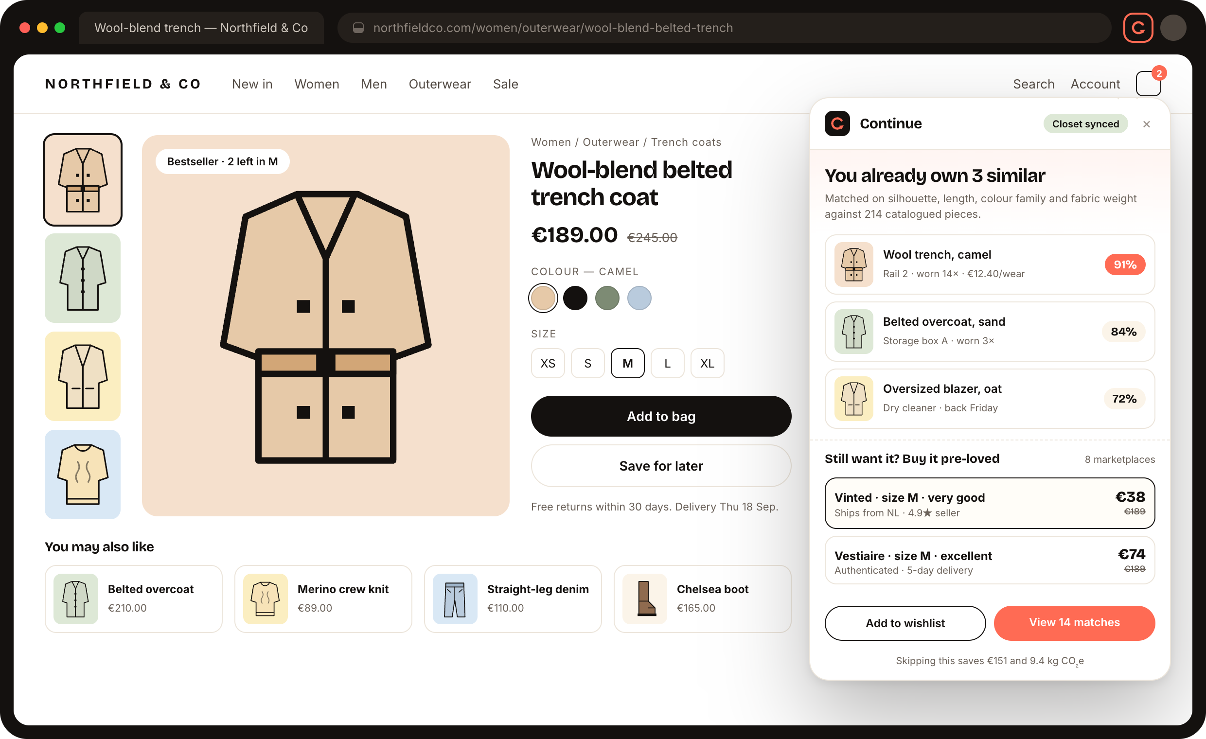 The Continue browser extension open on a retailer product page, showing that the shopper already owns three similar coats and listing pre-loved alternatives from Vinted and Vestiaire.