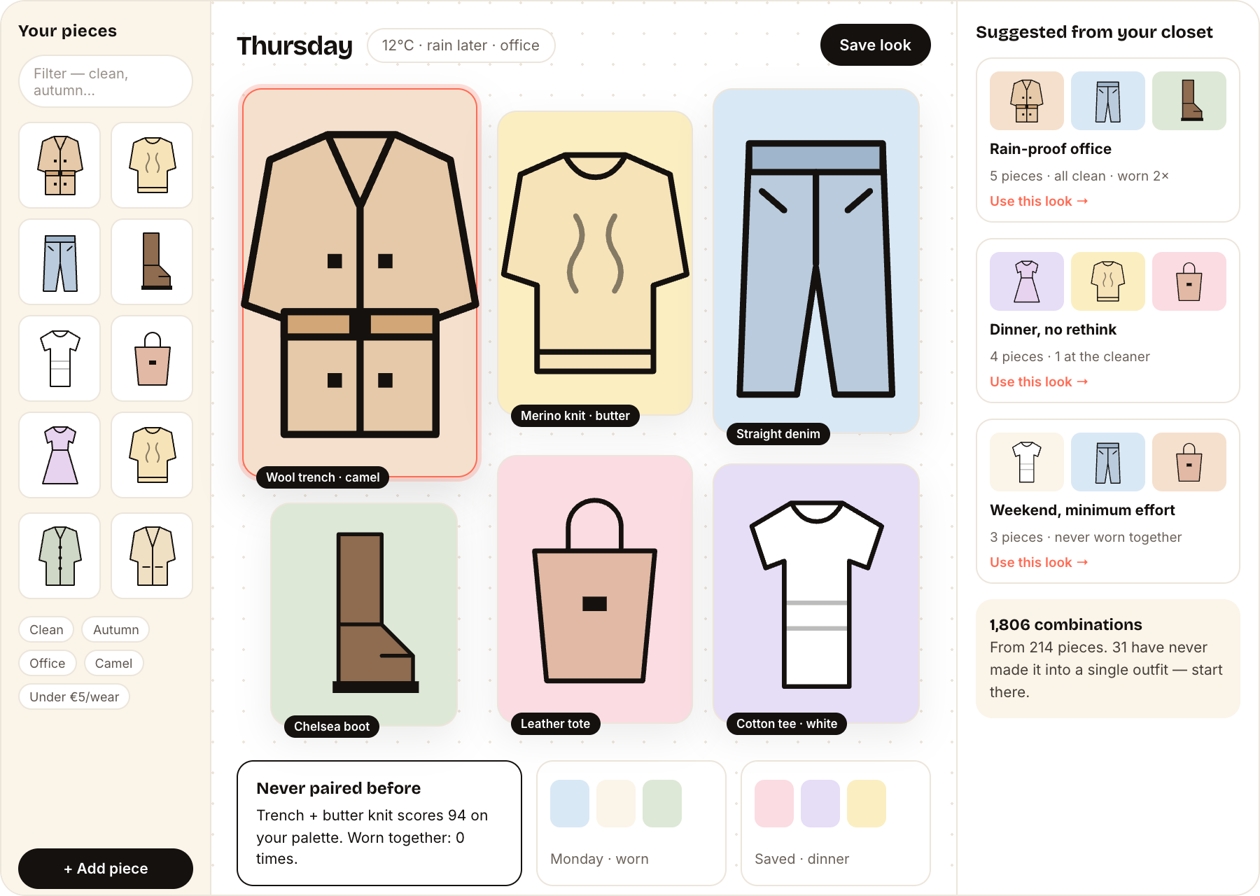 The outfit builder canvas in Continue, combining a trench coat, knit, denim and boots into a saved look for Thursday.